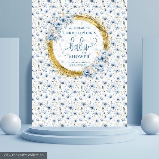 Tapete De Parede Faixa de Babá de Flores Douradas Azul Pastel Doce (Sweet Pastel Blue Gold Flowers Baby Shower Banner Tapestry)