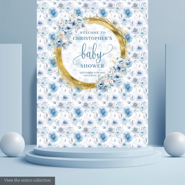 Tapete De Parede Faixa Dourada de Chá de fraldas Floral Azul Dacil  (Dainty Pastel Blue Gold Floral Baby Shower Banner Tapestry)