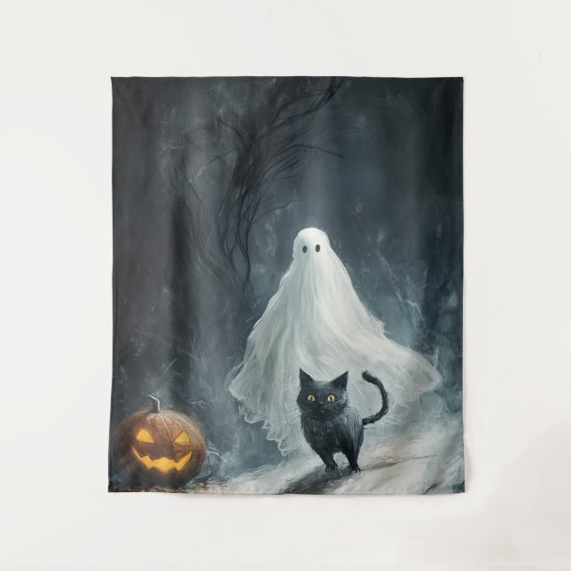 Tapete De Parede Fantasma das Halloween e Gato Negro (Frente)