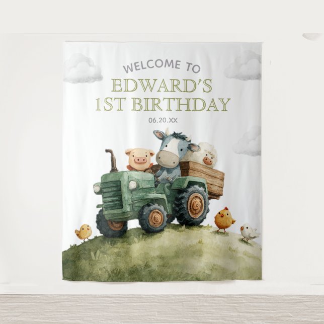 Tapete De Parede Farm Animals Tractor Birthday Photo Backdrop (Frente)