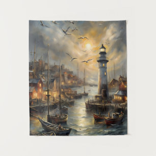 Tapete De Parede Farol Costeiro e Aldeia Costeira Arte Sunset