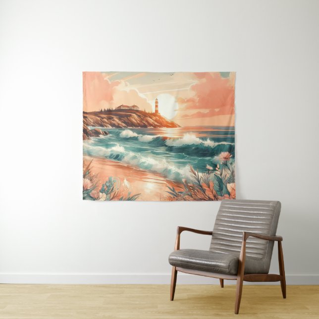 Tapete De Parede Farol Sunset Ocean Beach Boho Floral (In Situ (Horizontal))