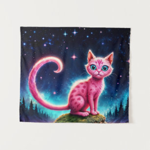 Tapete De Parede Felino de olhos azuis mágicos sob estrelas brilhan