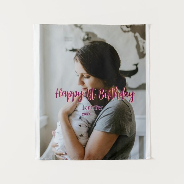 Tapete De Parede Feliz 1º aniversário crianças bebê mãe vermelho la (Frente)