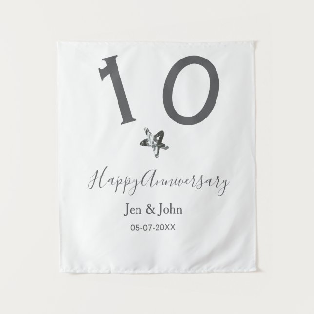 Tapete De Parede Feliz 10º aniversário nome data estrela metal cinz (Frente)