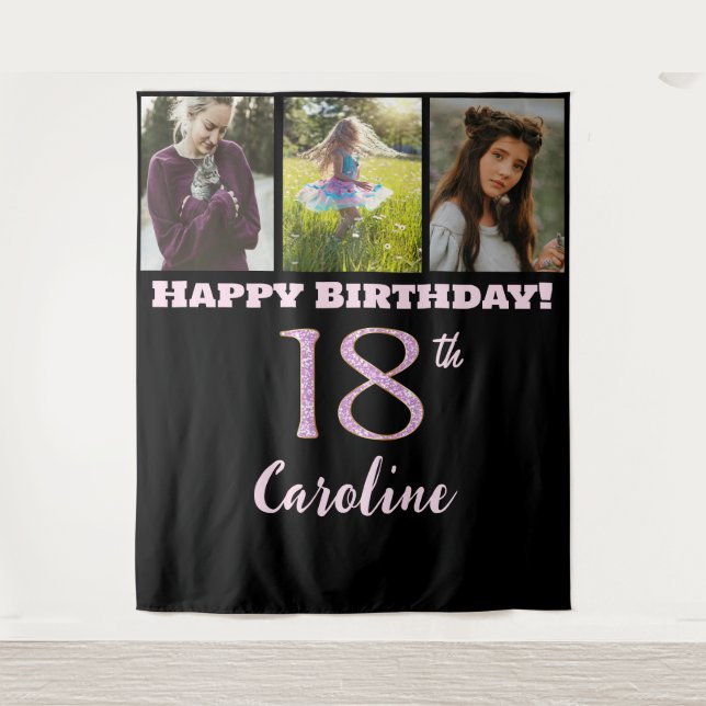 Tapete De Parede Feliz 18ª Festa de aniversário, brilho rosa e 3 fo (Frente)