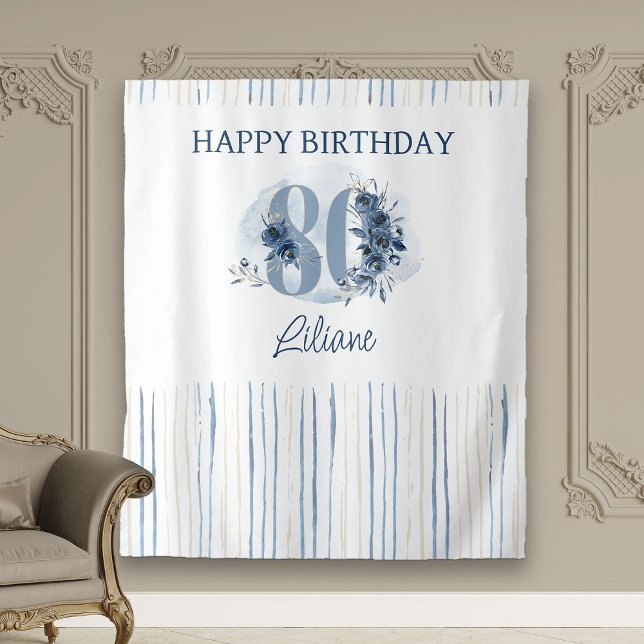 Tapete De Parede Feliz 80 Aniversário Azul Costeiro Número 80 (80th Birthday backdrop from my Floral Number Milestone Birthday Collection)