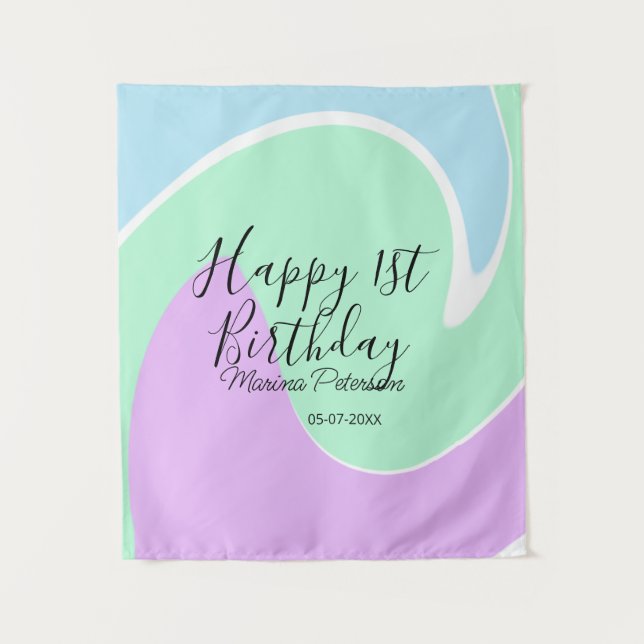 Tapete De Parede Feliz aniversário de 1 ano roxo verde azul acrílic (Frente)