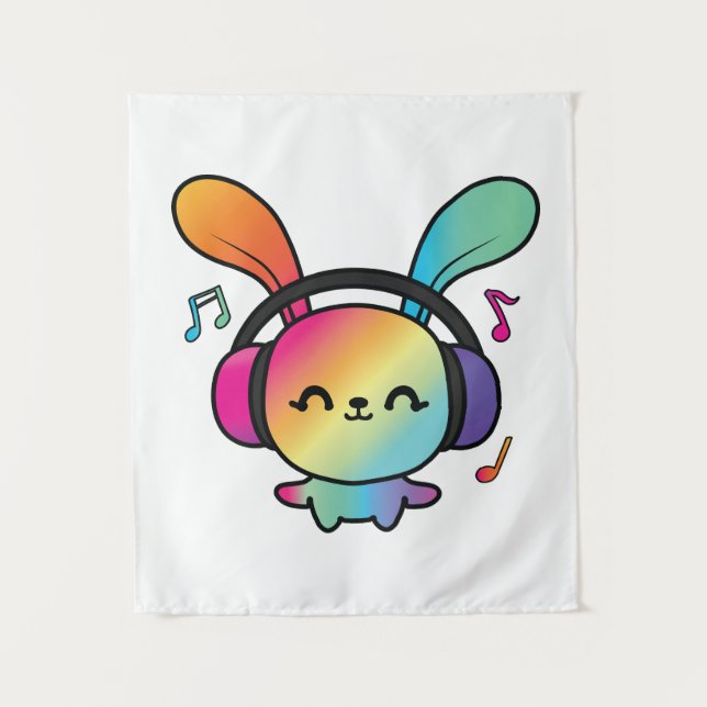 Tapete De Parede Feliz Bunny com fones de ouvido ouvindo música. (Frente)