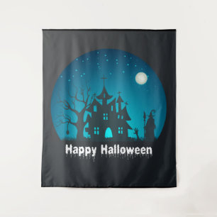 Tapete De Parede Feliz Halloween Blue e Black Hauned House