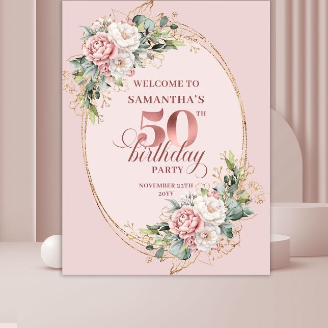 Tapete De Parede Feminine Rose Gold Floral 50th Birthday Party Deco (Feminine Rose Gold Floral 50th Birthday Party Decor)