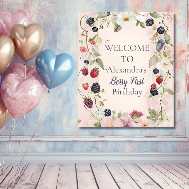 Tapete De Parede Festa de 1º Aniversário Morango Berry Primeiro (Criador carregado)