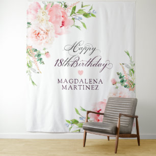 Tapete De Parede Festa de 18 Anos Personalizada Floral Rosa