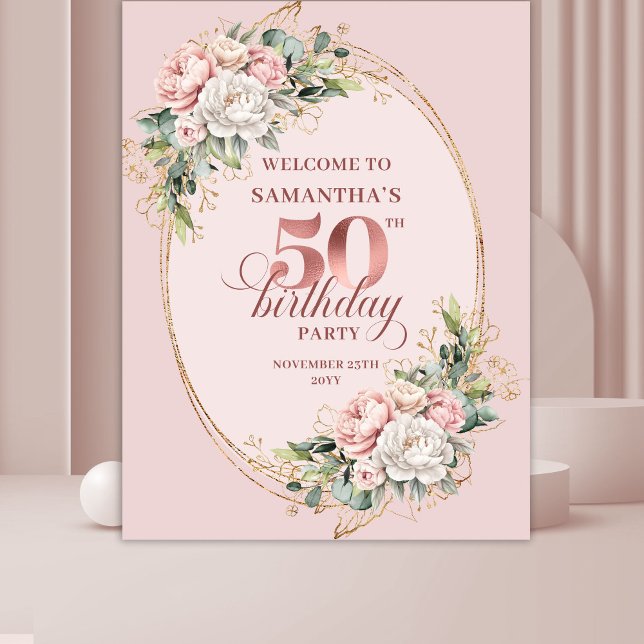 Tapete De Parede Festa de 50 Anos Dourado Rosa Dourado Blush Floral (Golden Rose Gold Blush Floral 50th Birthday Party Tapestry

)