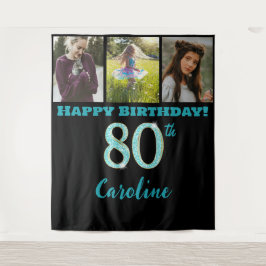 Tapete De Parede Festa de 80 Anos, Lantejoulas Azul Turquesa & 3 fo