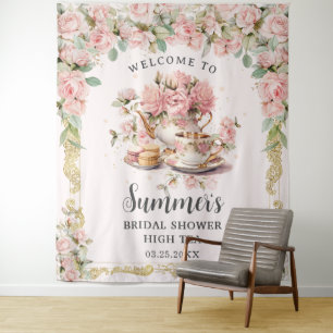 Tapete De Parede Festa de Chá Vintage Rosa com Flores para Chá de N