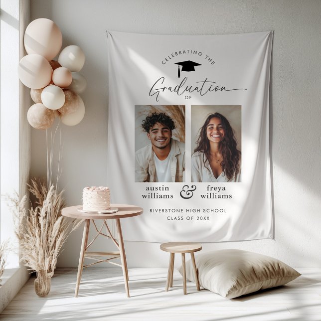 Tapete De Parede Festa de Formatura Conjunta 2 Foto Bem-vindo (Zazzle Joint Graduation Party 2 Photo Welcome Tapestry)