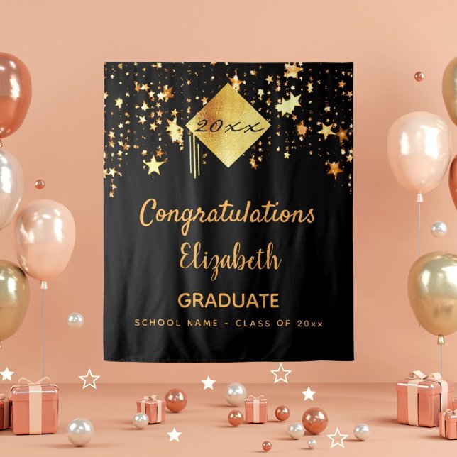 Tapete De Parede Festa de formatura preto dourado estrelas graduado (Criador carregado)