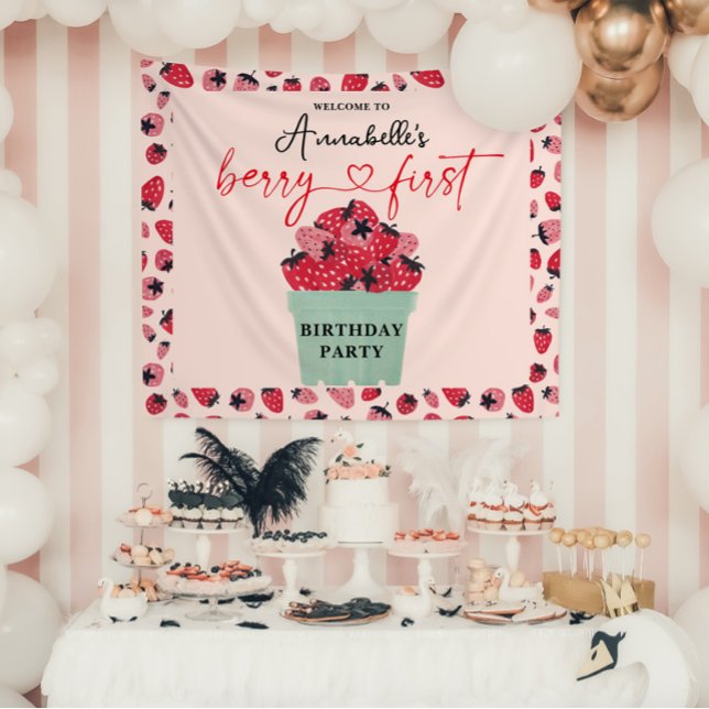 Tapete De Parede Festa de Um Ano de Berry Morango (Berry First Birthday Party Banner)