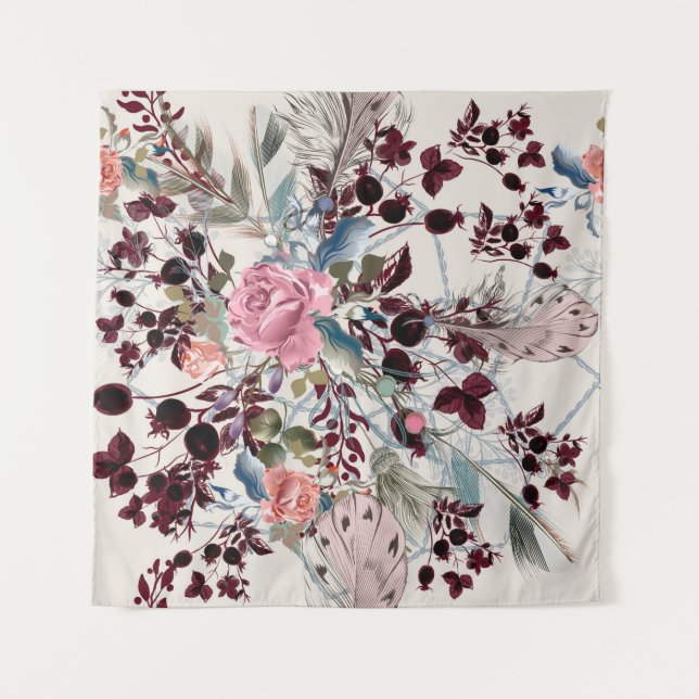 Tapete De Parede Figura bo-ho de moda com rosa flores e p (Frente)