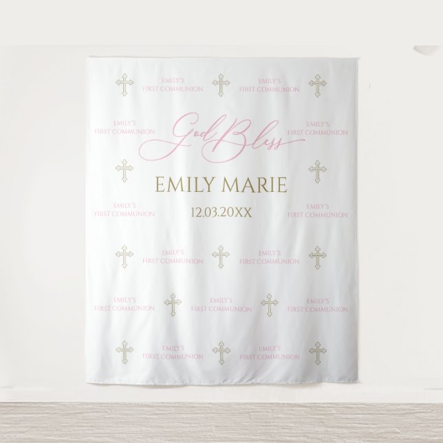 Tapete De Parede First Communion banner backdrop pink and gold (Frente)