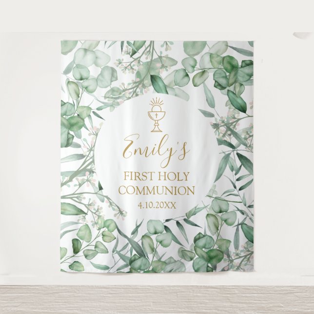 Tapete De Parede First Communion Eucalyptus greenery backdrop banne (Frente)