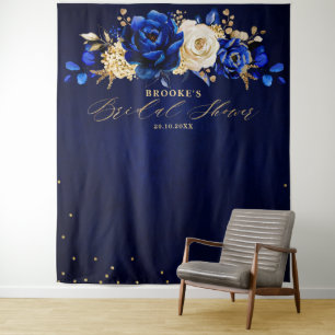 Tapete De Parede Fita Real Azul Dourado Floral para Noiva