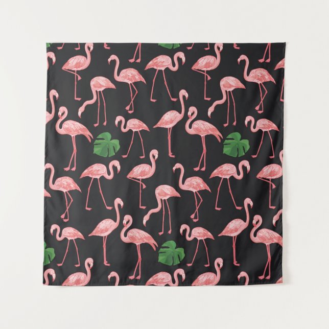 Tapete De Parede flamingo com folhas de palma de monstera.  (Frente)
