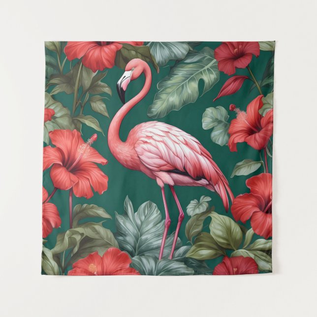 Tapete De Parede Flamingo Hibiscus Flores Emerald Green (Frente)