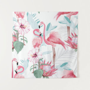 Tapete De Parede Flamingo rosa e flores exóticas, folhas de palma,