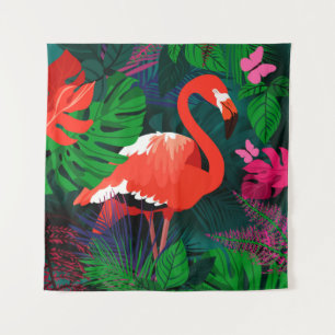 Tapete De Parede Flamingo rosa. Folhas tropicais, borboleta rosa,