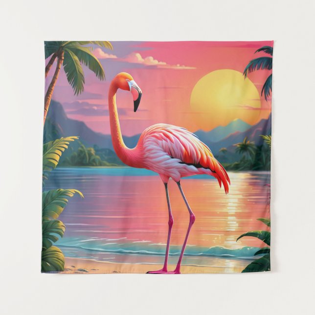 Tapete De Parede Flamingo Sunset Praia Tropical (Frente)