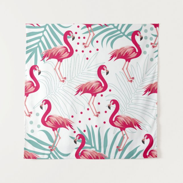 Tapete De Parede Flamingo tropical e folhas, padrão de verão. (Frente)