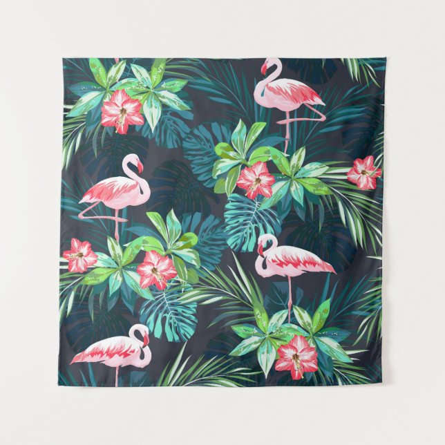 Tapete De Parede Flamingo Tropical: Padrão de Flores de Verão (Frente)