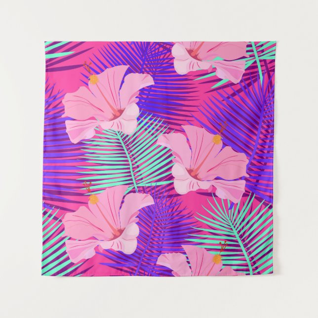 Tapete De Parede Flamingos Exóticos: Vintage Rosa Tropical. (Frente)