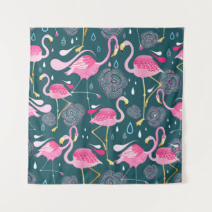 Tapete De Parede Flamingos Fllowers: Gráfico Escuro Sem Costura.