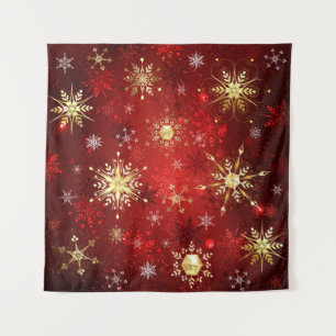 Tapete De Parede Flocos de neve do Ouro de Natal em Fundo Vermelho