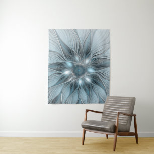 Tapete De Parede Flor Abstracta Alegre Floral Fractal Azul Cinza