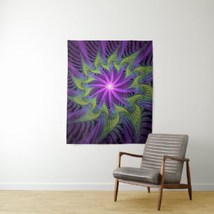 Tapete De Parede Flor de Arte Fractal Abstrata Moderna Roxa Verde