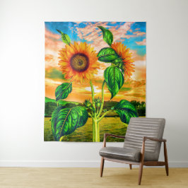Tapete De Parede Flor Laranja com Folhas Verdes - Sunflower Sunset