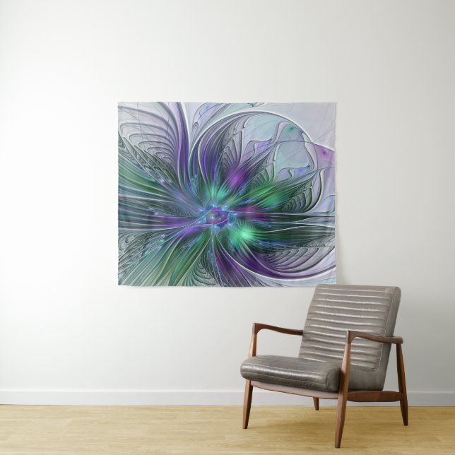 Tapete De Parede Flor Moderna Abstrata Fractal Verde Roxo (In Situ (Horizontal))
