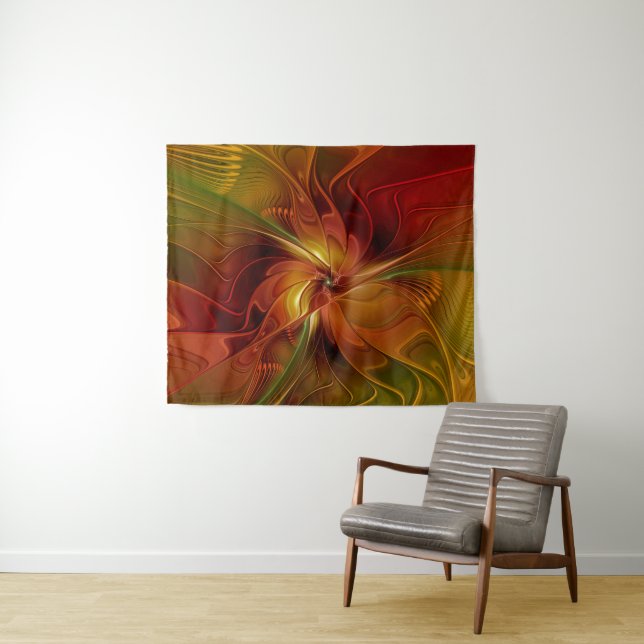 Tapete De Parede Flor verde-laranja-abstrato Vermelho Castanho-Cast (In Situ (Horizontal))