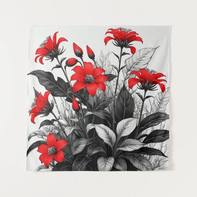 Tapete De Parede Flor Vermelha Na Planta Branca Preta (Frente)