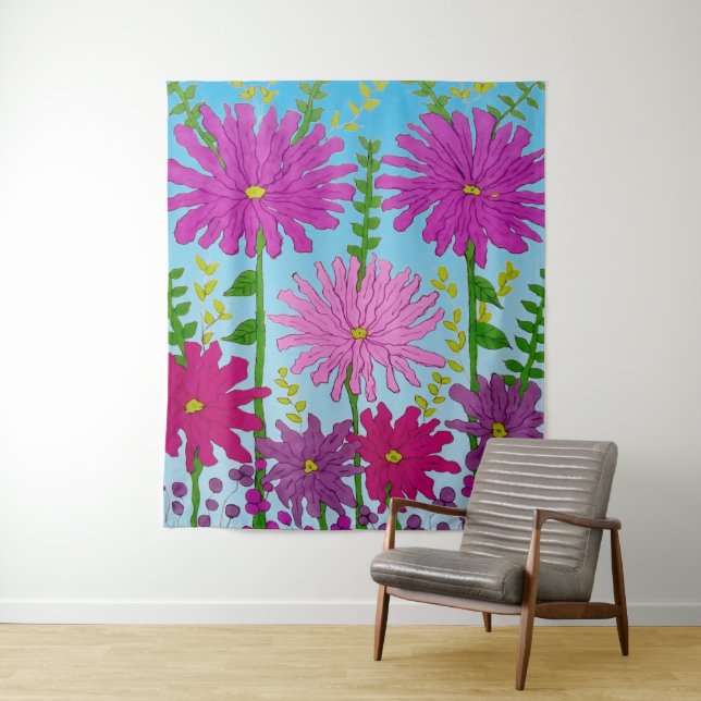 Tapete De Parede Flor vívida rosa desenho em azul (In Situ)