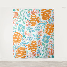 Tapete De Parede Floral de Boho Laranja e Azul