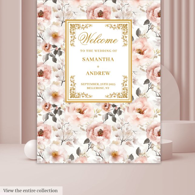 Tapete De Parede Floral Dusty Pink Bandeira de Casamento Dourado de (Floral Dusty Pink Ivory Gold Wedding Banner Tapestry)