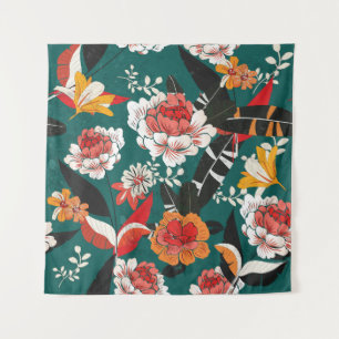 Tapete De Parede Floral laranja e branco: ilustração vintage sem em