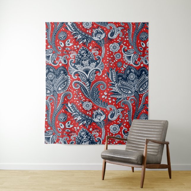 Tapete De Parede Floral Paisley Boho Boêmio Vermelho Branco e Azul (In Situ)