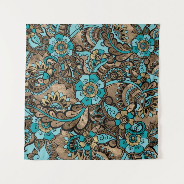 Tapete De Parede Floral Paisley Pattern - touro e dourados (Frente)