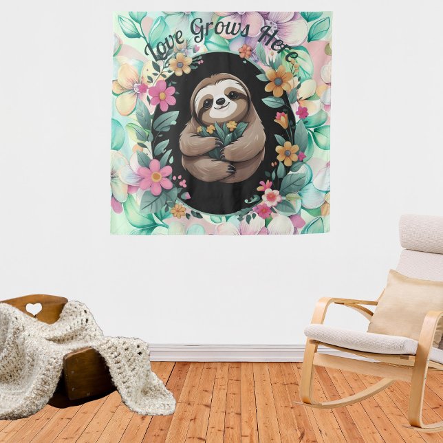 Tapete De Parede Floral Sloth Love Cresce Aqui (Criador carregado)